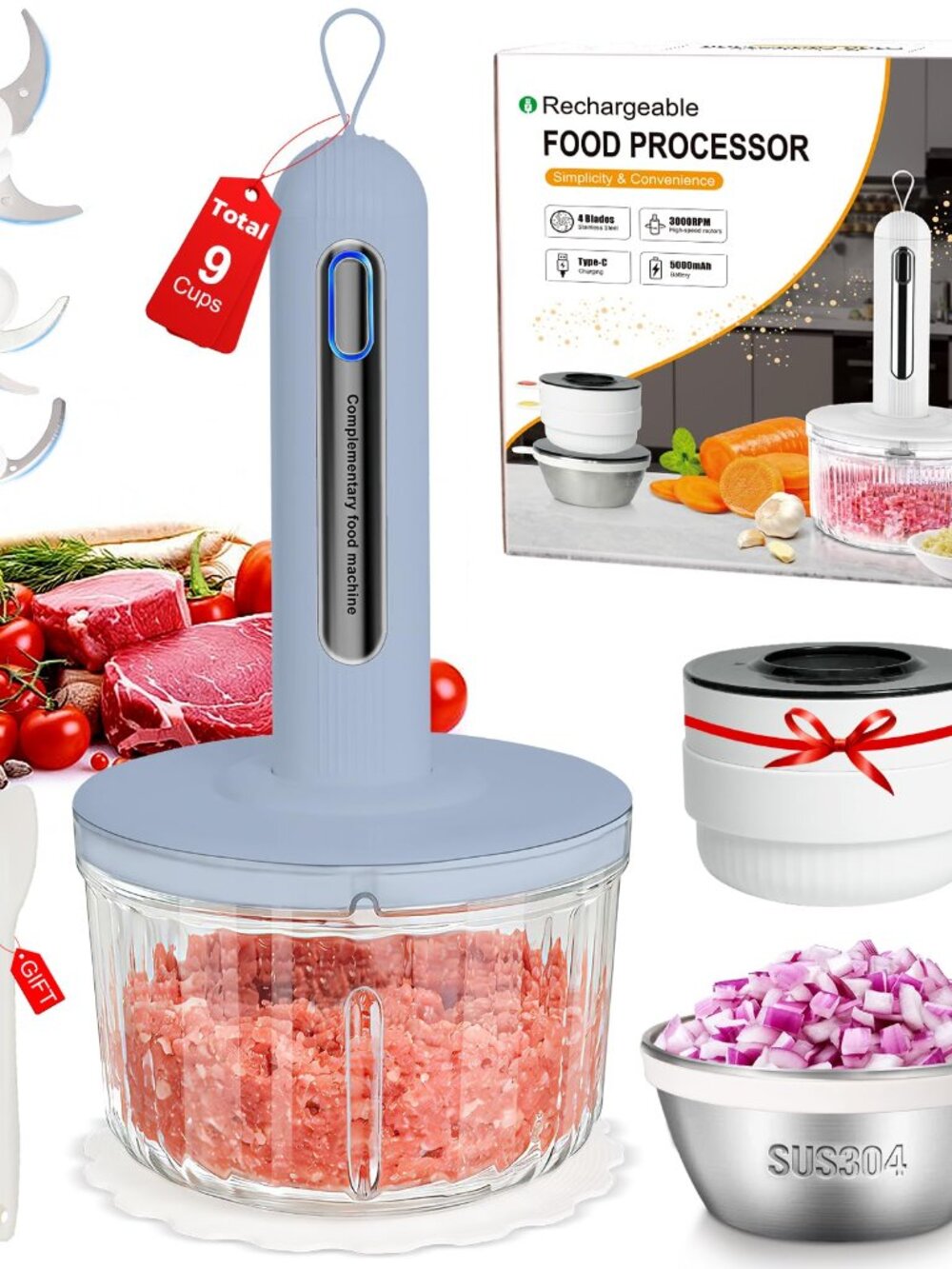 Cordless Food Processor - 4 Bowls (9 Cups), 800W Motor, 3 Blades, USB Rechargeab